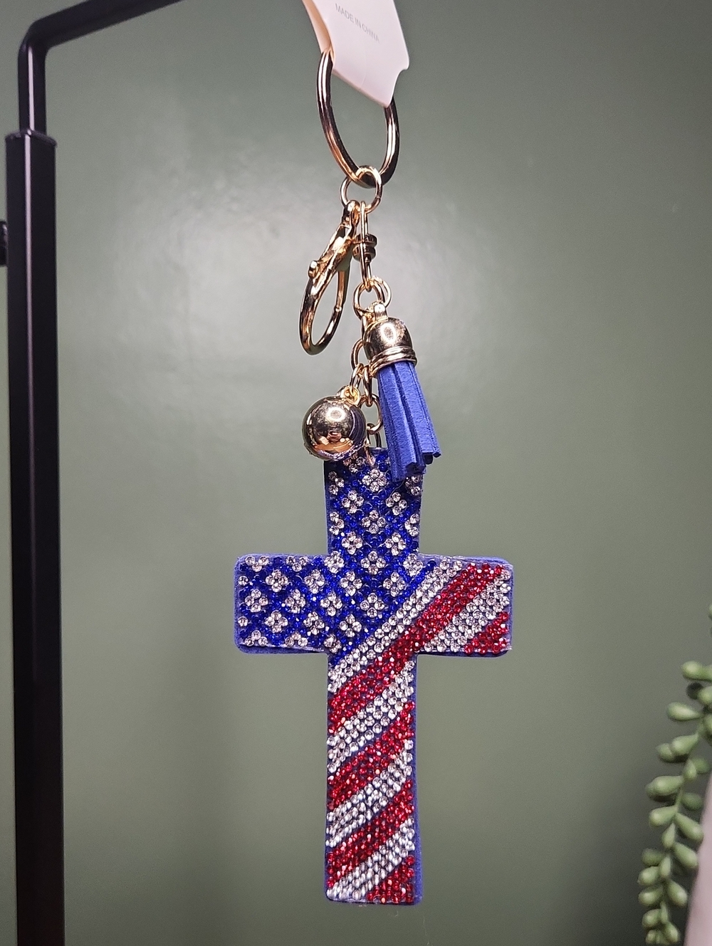 Patriotic Cross Bag Charm/Keychain, Gold Tone Hardware NEW
